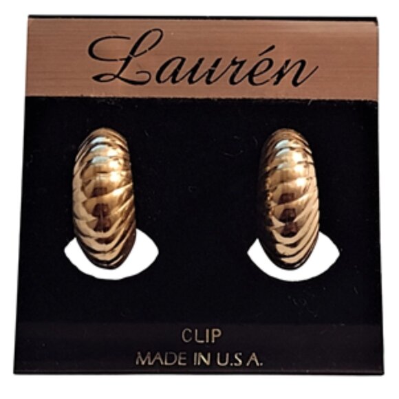 Lauren 3/4" Domed Swirl Lined Hoop Clip On Earrings Gold Tone Vintage - Picture 5 of 5
